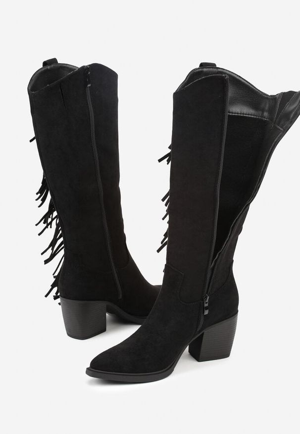 Renee - Czarne Kozaki Kowbojki na Stożku Zdobione Frędzlami Nucca. Kolor: czarny. Materiał: zamsz. Wzór: aplikacja. Obcas: na stożku. Styl: boho. Wysokość obcasa: średni
