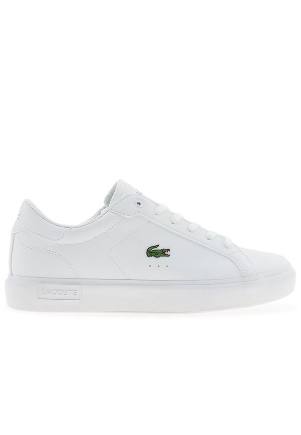 Buty młodzieżowe Lacoste Powercourt 1263 SUJ 751SUJ0003-21G - białe. Okazja: na co dzień. Zapięcie: sznurówki. Kolor: biały. Materiał: syntetyk, skóra, guma. Wzór: aplikacja