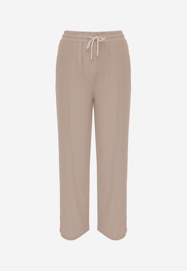 Renee - Beżowe Prążkowane Spodnie High Waist z Szerokimi Nogawkami Ginorria. Stan: podwyższony. Kolor: beżowy. Materiał: prążkowany. Długość: krótkie. Sezon: lato