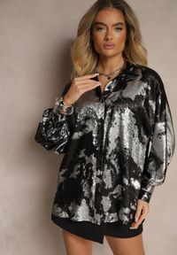 Renee - Srebrno-Czarna Koszula Oversize Ozdobiona Metaliczną Nicią Sorilea. Okazja: na co dzień. Kolor: srebrny. Materiał: jeans. Wzór: aplikacja. Styl: casual, elegancki