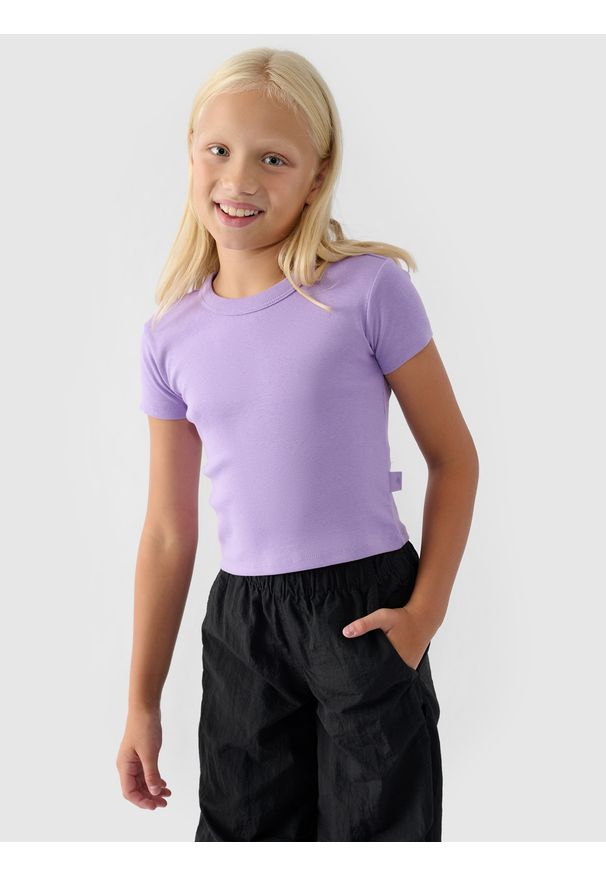 4f - 4F T-shirt gładki dziewczęcy - fioletowy 146 (10-11 lat). Okazja: na co dzień. Kolor: fioletowy. Materiał: dzianina, materiał, bawełna. Długość rękawa: krótki rękaw. Długość: krótkie. Wzór: gładki. Sezon: lato. Styl: klasyczny, sportowy, casual