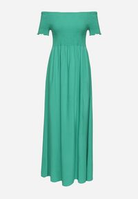 Born2be - Zielona Sukienka Hiszpanka o Rozkloszowanym Fasonie z Bawełny Angolima. Okazja: na co dzień. Typ kołnierza: dekolt hiszpanka. Kolor: zielony. Materiał: bawełna. Długość rękawa: krótki rękaw. Wzór: aplikacja. Typ sukienki: proste. Styl: casual, elegancki #5