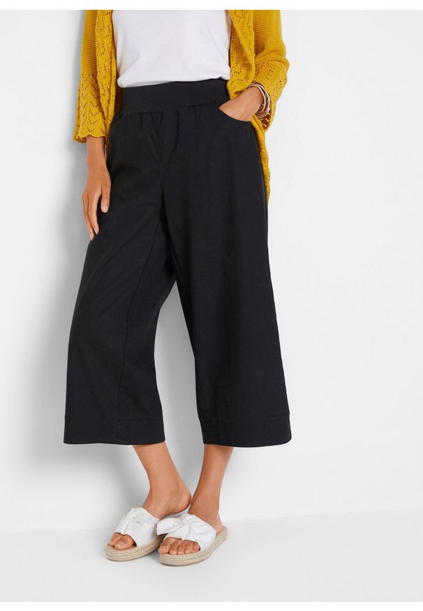 bonprix - Spodnie z mieszanki bawełny i lnu, dł. 3/4. Kolor: czarny. Materiał: bawełna, len. Wzór: prążki