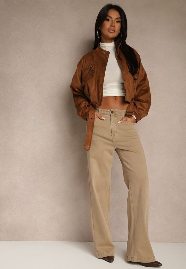 Renee - Beżowe Bawełniane Jeansy Regular Waist z Szerokimi Nogawkami Nindria. Okazja: na spotkanie biznesowe. Kolor: beżowy. Styl: klasyczny, biznesowy, elegancki
