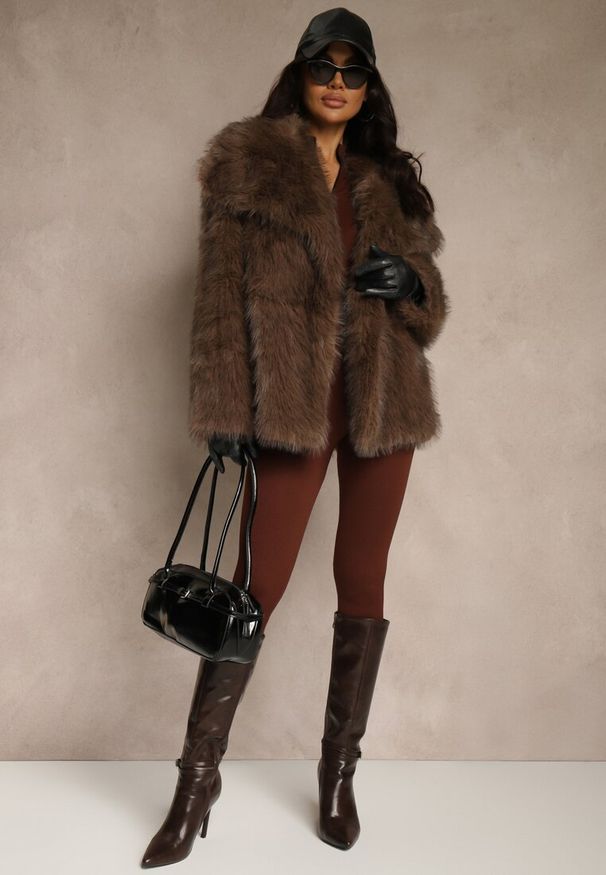 Renee - Brązowa Dwurzędowa Kurtka Futerko Oversize Nenalla. Okazja: na co dzień. Kolor: brązowy. Materiał: futro. Styl: casual