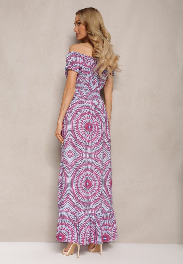 Renee - Niebiesko-Różowa Rozkloszowana Sukienka z Wiskozy z Gumką w Pasie i Wiązaniem przy Dekolcie Xicia. Okazja: na randkę, na spacer. Kolor: niebieski. Materiał: wiskoza. Długość rękawa: krótki rękaw. Wzór: aplikacja. Sezon: lato