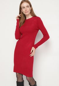 Born2be - Bordowa Dopasowana Sukienka z Prążkowanej Dzianiny z Bawełną Tesmera. Okazja: na co dzień, do pracy, na spotkanie biznesowe. Kolor: czerwony. Materiał: prążkowany, bawełna, dzianina. Styl: biznesowy, casual #5