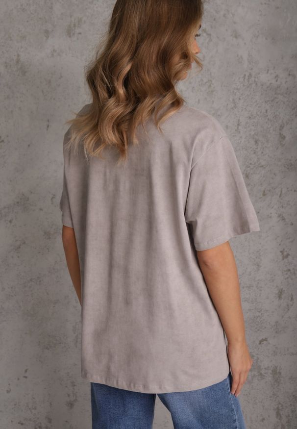 Renee - Szary Oversizowy T-shirt z Bawełny Zdobiony Haftem z Cekinami Marivia. Okazja: na co dzień. Kolor: szary. Materiał: bawełna. Wzór: haft, aplikacja. Styl: casual, elegancki