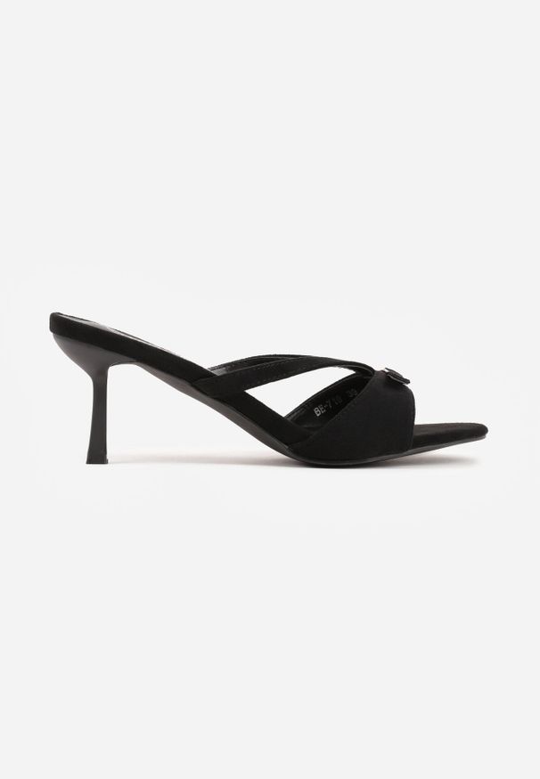 Born2be - Czarne Eleganckie Klapki na Szpilce z Ozdobnymi Paskami i Sprzączką Malirodia. Okazja: na ślub cywilny, na wesele. Kolor: czarny. Materiał: satyna. Wzór: paski. Obcas: na szpilce. Styl: elegancki