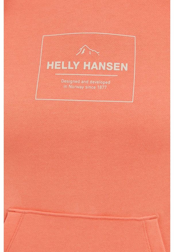 Helly Hansen Bluza damska kolor różowy z kapturem z nadrukiem. Okazja: na co dzień. Typ kołnierza: kaptur. Kolor: pomarańczowy. Materiał: bawełna. Długość rękawa: długi rękaw. Długość: długie. Wzór: nadruk. Styl: casual