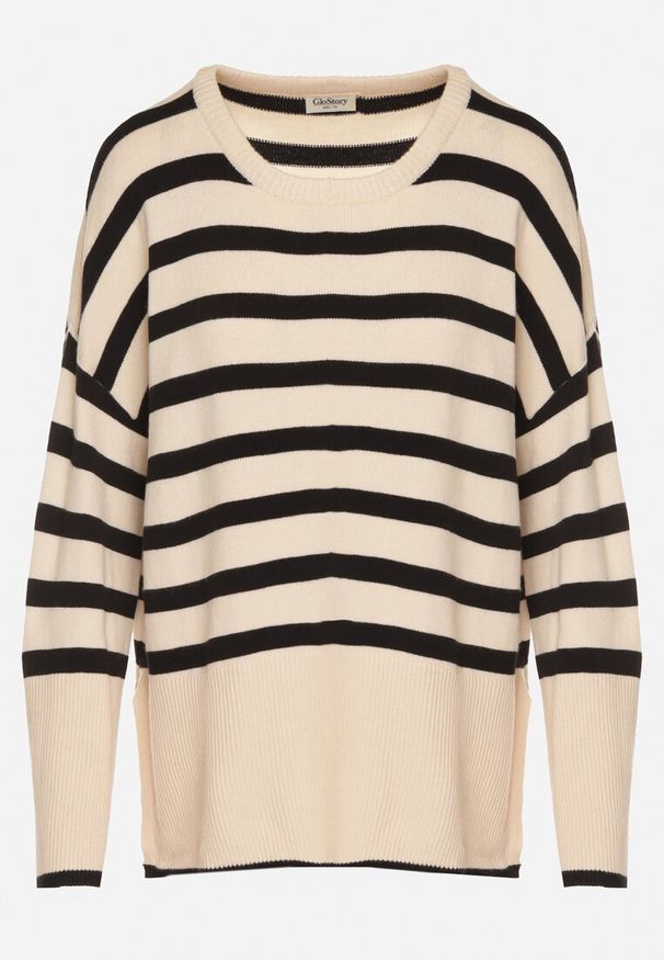 Born2be - Kremowo-Czarny Sweter o Kroju Oversize z Motywem Pasków Irtusa. Okazja: na co dzień. Kolor: czarny. Materiał: jeans. Styl: casual