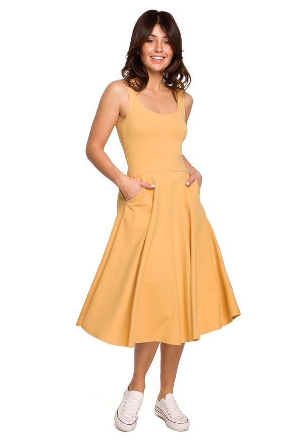 MOE - Bawełniana Rozkloszowana Sukienka na Ramiączkach - Miodowa. Kolor: pomarańczowy. Materiał: bawełna. Długość rękawa: na ramiączkach