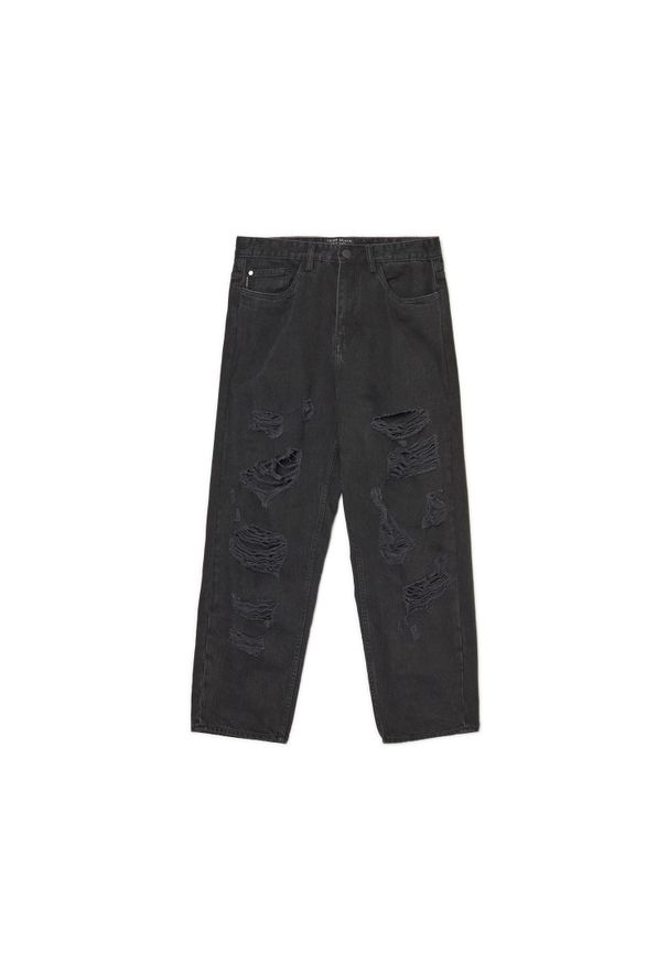 Cropp - Czarne jeansy baggy z postrzępieniami - Czarny. Kolor: czarny