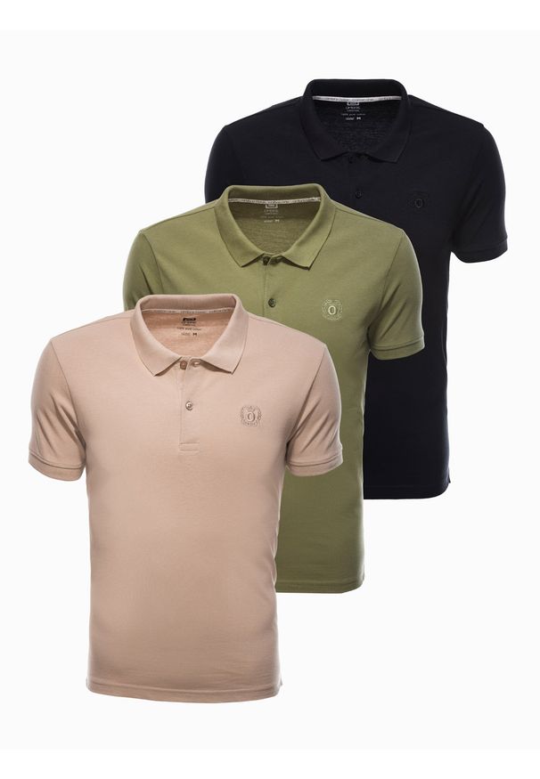 Ombre Clothing - Zestaw koszulek bawełnianych polo - mix 3-pak Z28 V7 - XXL. Typ kołnierza: polo. Kolor: beżowy. Materiał: bawełna. Wzór: haft