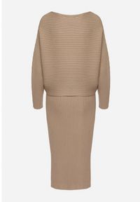 Born2be - Ciemnobeżowy Prążkowany Komplet z Wiskozą Góra o Kroju Nietoperza Spódnica z Gumką w Pasie Zortia. Kolor: beżowy. Materiał: wiskoza, prążkowany. Wzór: prążki #6