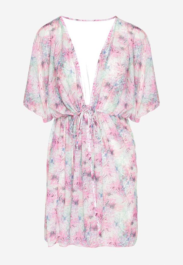 Born2be - Fuksjowa Narzutka Plażowa w Kwiaty z Wiązaniem Ulonesia. Okazja: na plażę. Kolor: różowy. Wzór: kwiaty. Sezon: lato. Styl: casual, klasyczny