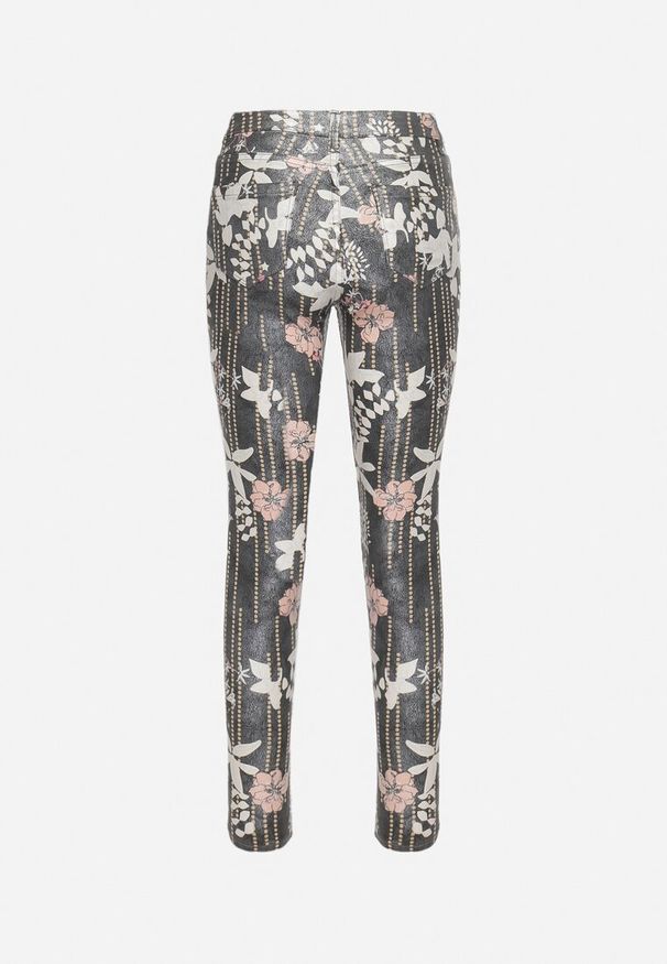 Born2be - Szare Spodnie Skinny z Ozdobnym Kwiatowym Wzorem Lakardi. Okazja: na co dzień. Kolor: szary. Materiał: bawełna. Wzór: kwiaty. Styl: elegancki, casual