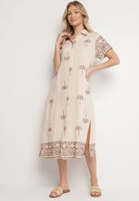 Born2be - Beżowa Pudełkowa Sukienka z Wiskozą o Koszulowym Kroju Zdobiona Haftem Sanori. Okazja: na co dzień. Kolor: beżowy. Materiał: wiskoza. Długość rękawa: krótki rękaw. Wzór: aplikacja, haft. Typ sukienki: koszulowe. Styl: klasyczny, casual #3