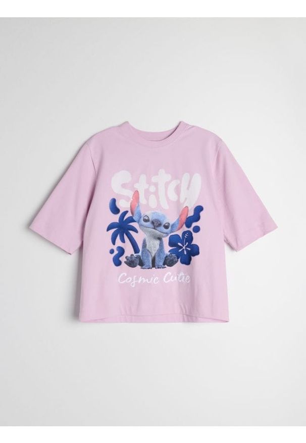 Sinsay - Bawełniana koszulka z nadrukiem Stitch - fioletowy. Kolor: fioletowy. Materiał: bawełna. Wzór: nadruk
