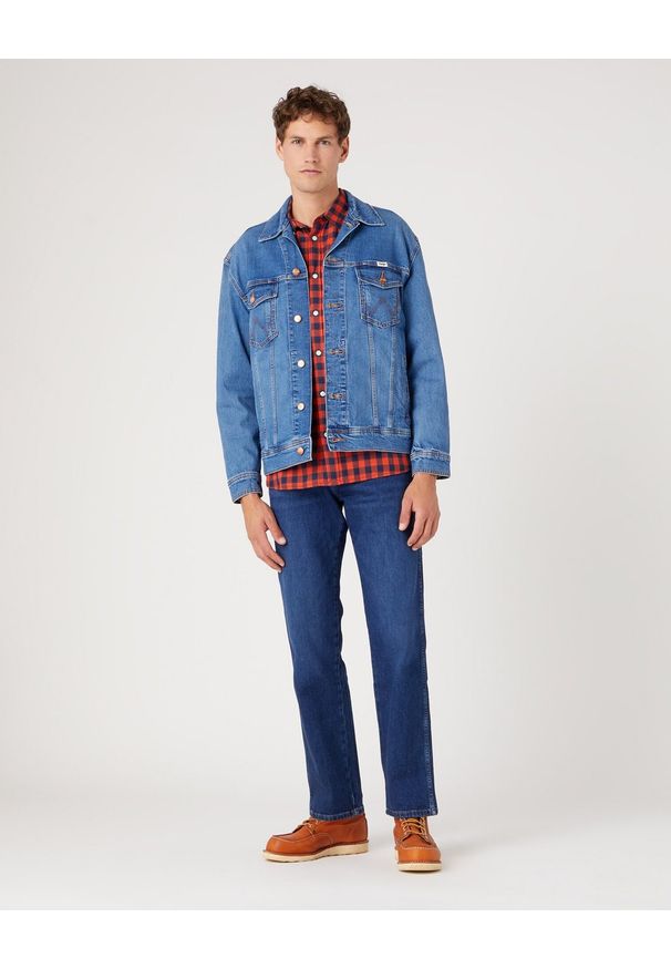 Wrangler - Spodnie jeansowe męskie WRANGLER FRONTIER DANCING WATER. Okazja: na co dzień, do pracy, na spacer. Kolor: niebieski. Materiał: jeans. Styl: casual