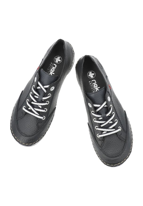 Półbuty damskie Rieker, cholewka ze skóry naturalnej o ziarnistej fakturze z kontrastowym sznurowaniem niebieskie, 55901-14. Okazja: na co dzień. Zapięcie: sznurówki. Kolor: niebieski. Materiał: skóra. Szerokość cholewki: normalna. Styl: sportowy, klasyczny, casual