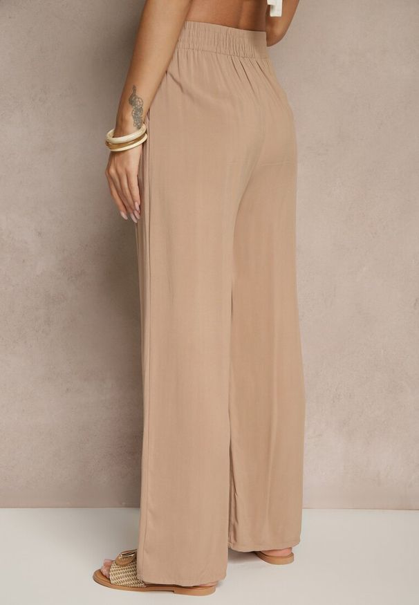 Renee - Ciemnobeżowe Szerokie Spodnie z Wiskozy High Waist Naivella. Stan: podwyższony. Kolor: beżowy. Materiał: wiskoza. Sezon: lato