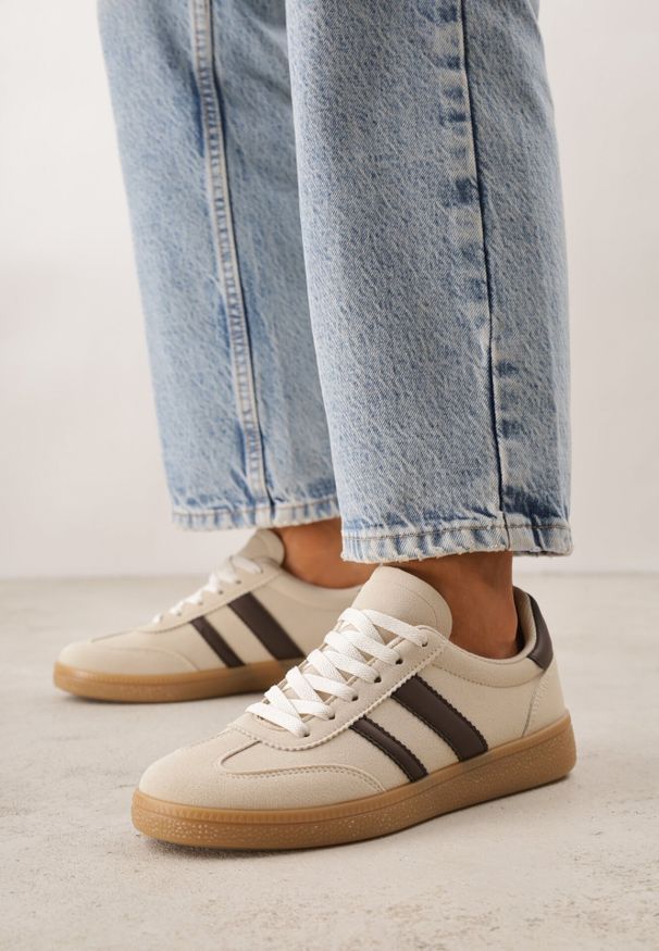 Born2be - Beżowo-Brązowe Sneakersy na Kauczukowej Podeszwie z Geometrycznym Motywem Vikioria. Okazja: na co dzień. Kolor: beżowy. Materiał: kauczuk. Wzór: geometria