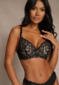 Renee - Czarno-Beżowy Biustonosz Ozdobiony Koronką i Kokardką Aqiany. Kolor: czarny. Materiał: koronka. Wzór: koronka, aplikacja #1
