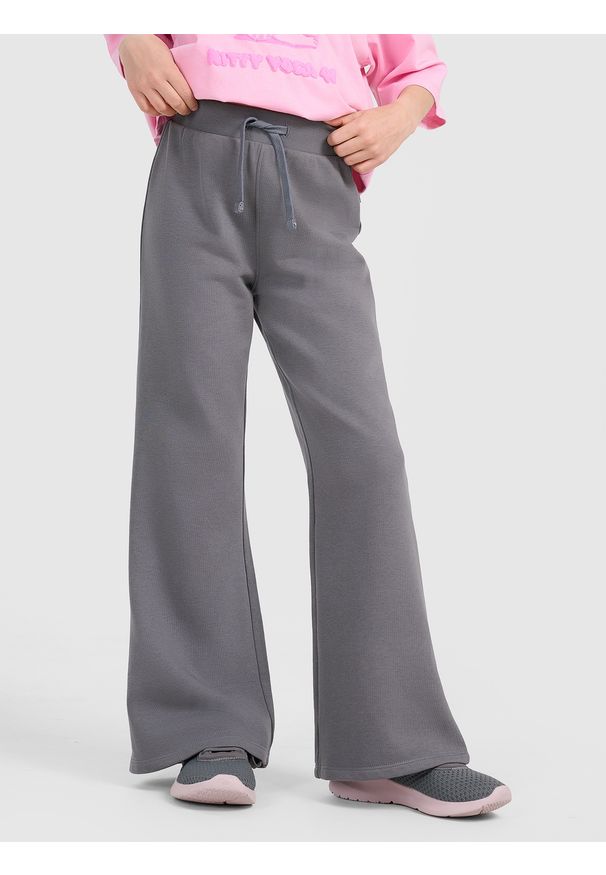 4f - 4F Spodnie dresowe z szerokimi nogawkami dziewczęce - szare 134 (8-9 lat). Okazja: na co dzień. Kolor: szary. Materiał: dresówka. Wzór: gładki, ze splotem. Sezon: lato. Styl: sportowy, casual, młodzieżowy