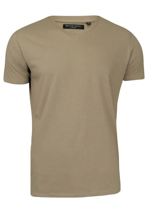 Beżowa Męska Koszulka (T-shirt) - Brave Soul - V-Neck. Okazja: na co dzień. Kolor: brązowy, wielokolorowy, beżowy. Materiał: bawełna. Styl: casual