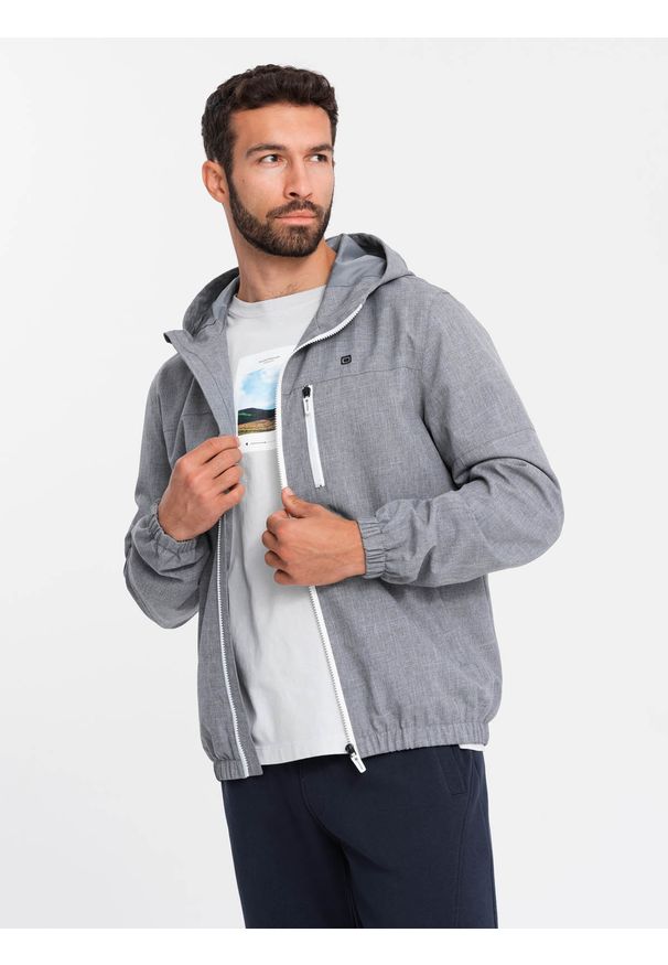 Ombre Clothing - Lekka sportowa męska kurtka z polarową podszewką – szara V3 - Rozmiar: XXL. Typ kołnierza: kołnierzyk stójkowy. Kolor: szary. Materiał: polar. Wzór: melanż, aplikacja, ze splotem, nadruk. Styl: sportowy