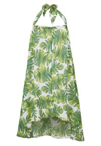 Sukienka plażowa z dekoltem halter bonprix biało-zielono-żółty w roślinny wzór. Okazja: na plażę. Typ kołnierza: dekolt halter. Kolor: biały. Wzór: aplikacja, nadruk #1