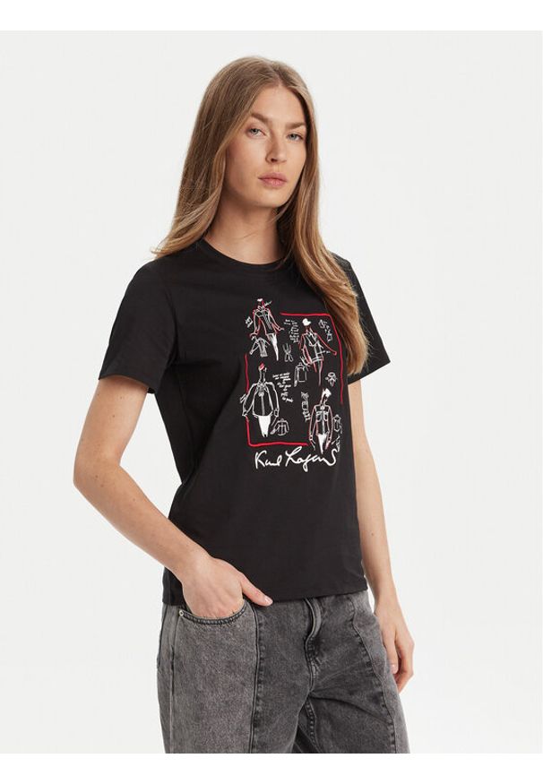 Karl Lagerfeld - KARL LAGERFELD T-Shirt A3W17099 Czarny Regular Fit. Typ kołnierza: dekolt w karo. Kolor: czarny. Materiał: bawełna