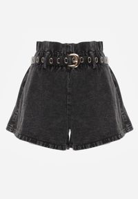 Born2be - Czarne Jeansowe Szorty z Szeroką Gumką w Pasie i Dodatkowym Paskiem ze Sprzączką Delilata. Okazja: na co dzień. Kolor: czarny. Materiał: jeans. Styl: casual, elegancki #3