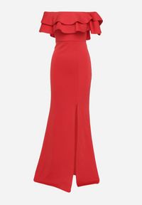 Born2be - Czerwona Elegancka Sukienka Typu Hiszpanka z Rozkloszowanym Dołem i Wycięciami Tumini. Okazja: na imprezę. Typ kołnierza: dekolt hiszpanka. Kolor: czerwony. Materiał: skóra. Długość rękawa: krótki rękaw. Typ sukienki: dopasowane, rozkloszowane. Styl: elegancki #5