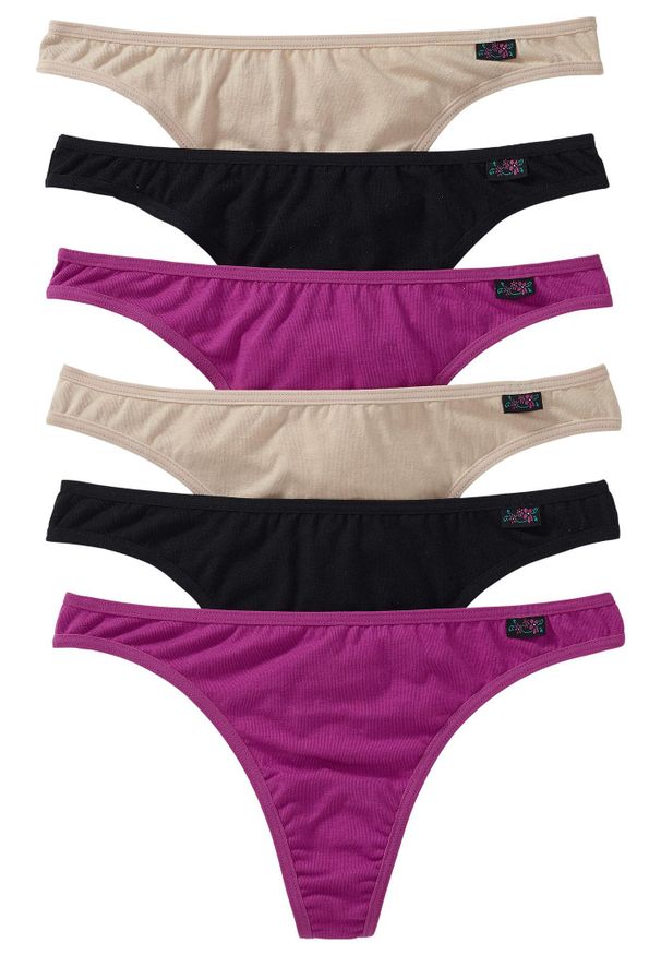 bonprix - Stringi z bawełny organicznej, 6 par. Kolor: fioletowy. Materiał: bawełna. Wzór: aplikacja, kolorowy, kwiaty