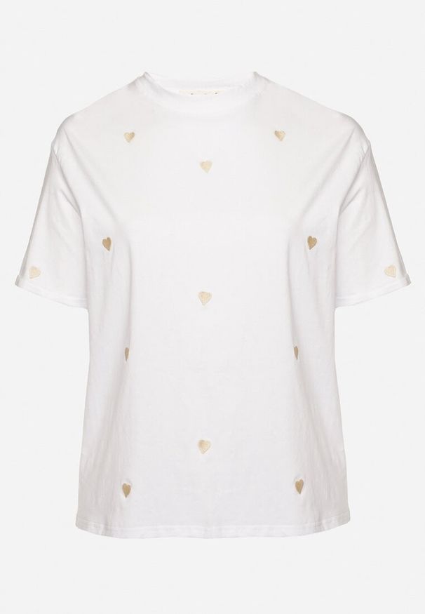Born2be - Biało-Beżowy Bawełniany T-shirt Zdobiony Haftem w Kształcie Serc Naloree. Okazja: na co dzień. Kolekcja: plus size. Kolor: biały. Materiał: bawełna. Wzór: aplikacja, haft. Styl: klasyczny, elegancki, casual