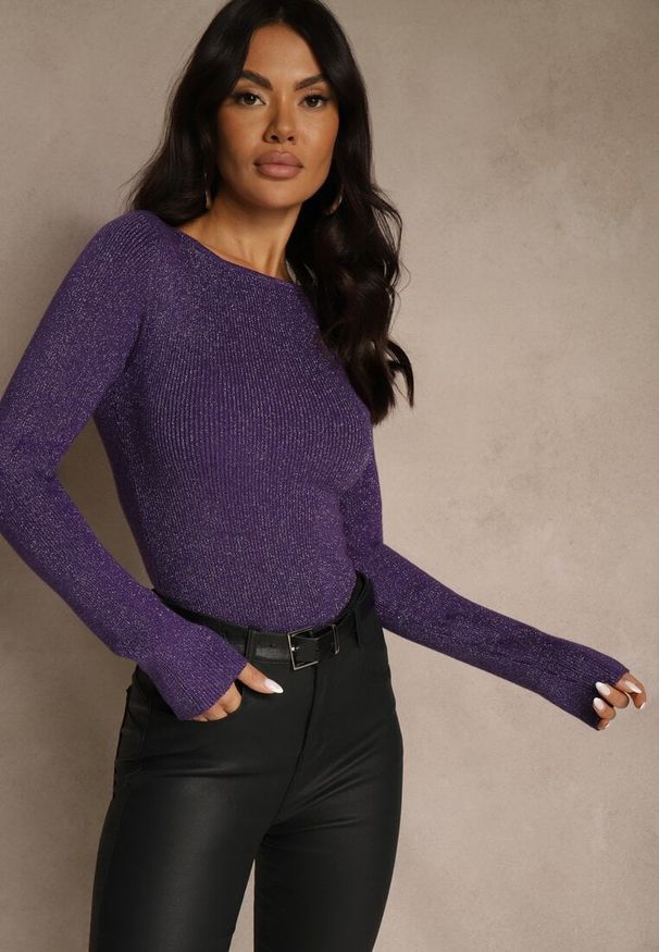 Renee - Fioletowy Sweter z Wiskozą Ozdobiony Metaliczną Nitką Liatolla. Okazja: na co dzień. Kolor: fioletowy. Materiał: wiskoza. Wzór: aplikacja. Styl: casual