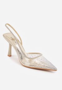 Born2be - Złote Transparentne Szpilki z Odkrytą Piętą Ozdobione Cyrkoniami Krisqirelle. Okazja: na co dzień, na spotkanie biznesowe. Kolor: złoty. Wzór: aplikacja. Obcas: na szpilce. Styl: klasyczny, casual, biznesowy, elegancki #8