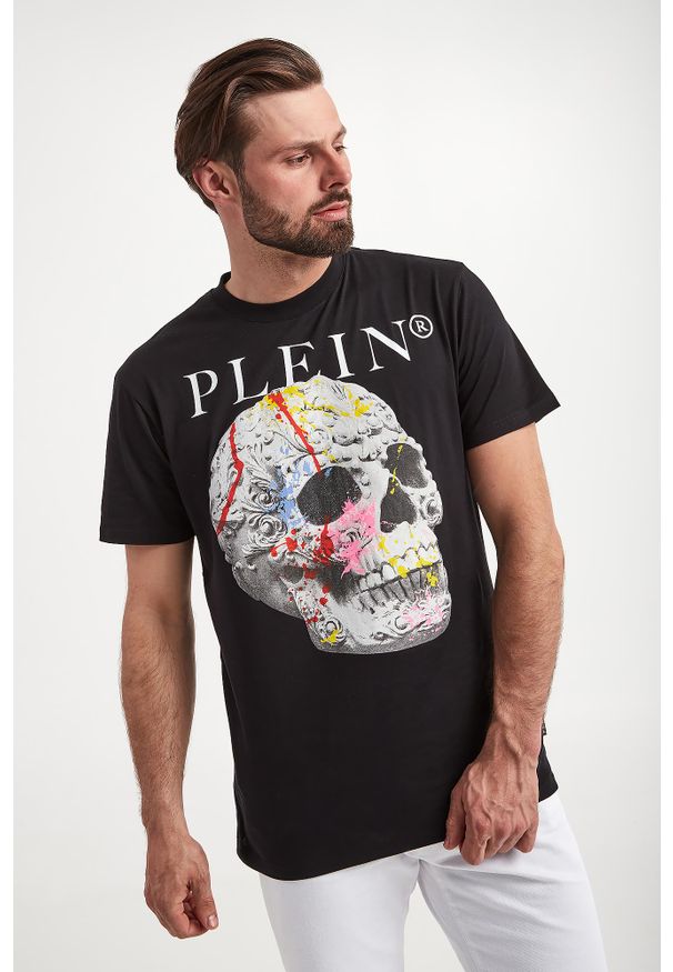 Philipp Plein - T-shirt męski PHILLIPP PLEIN. Materiał: bawełna, skóra. Wzór: nadruk, aplikacja