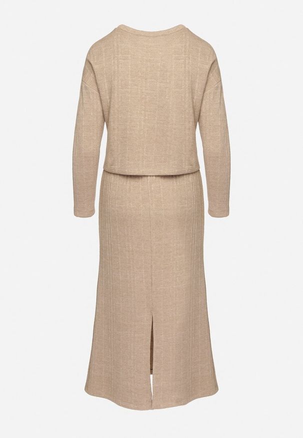 Born2be - Ciemnobeżowy Komplet Dzianinowy z Wiskozą Spódnica z Gumką w Talii i Rozcięciem oraz Bluzka Ilika. Kolor: beżowy. Materiał: wiskoza, dzianina