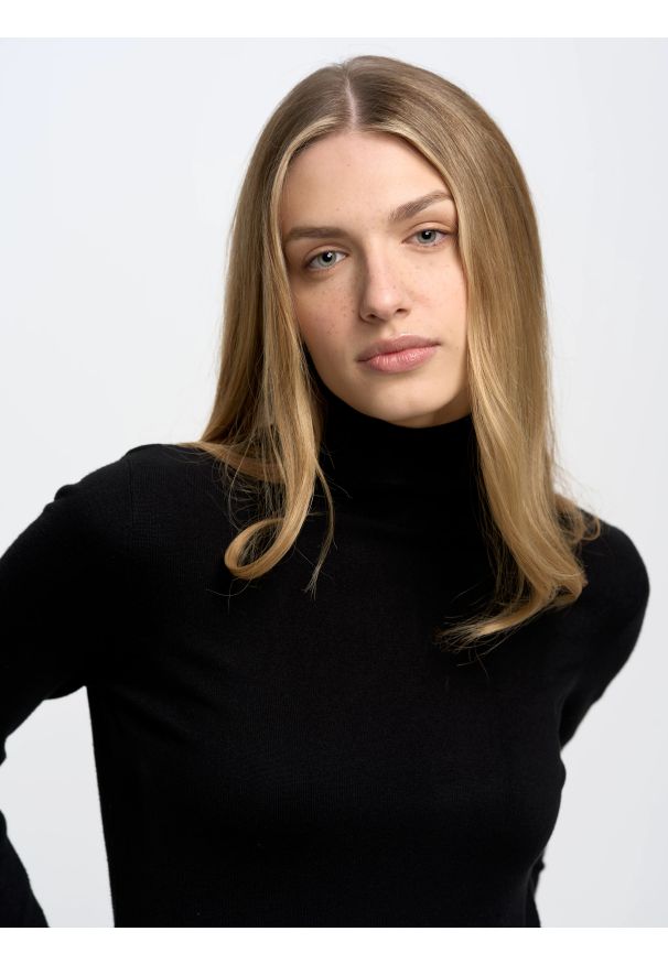 Big-Star - Sweter damski z golfem czarny Charlinka 906. Okazja: na co dzień, na spotkanie biznesowe. Typ kołnierza: golf. Kolor: czarny. Materiał: dzianina, skóra. Wzór: aplikacja. Styl: biznesowy, klasyczny, casual