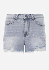 Renee - Niebieskie Szorty Jeansowe z Bawełną High Waist z Brokatem i Przetarciami Amatonice. Okazja: na spacer. Stan: podwyższony. Kolor: niebieski. Materiał: bawełna, jeans. Sezon: lato #2