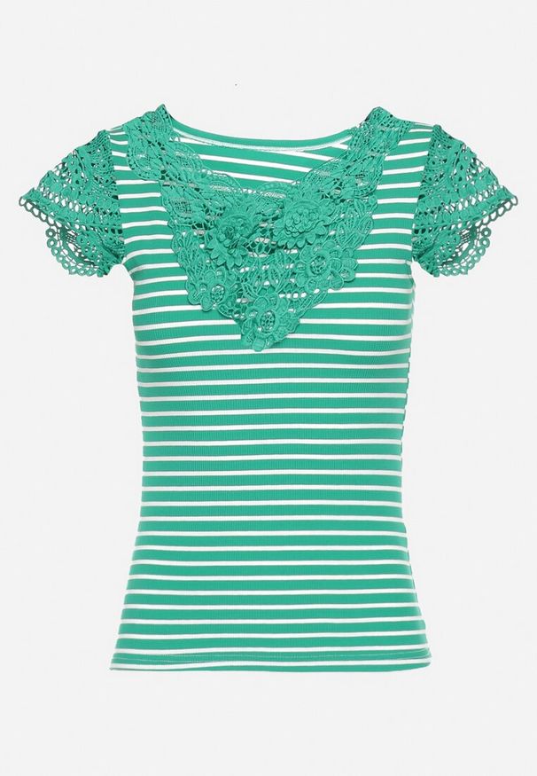 Born2be - Zielony Bawełniany T-shirt w Paski z Koronkowymi Wstawkami Idamarie. Kolor: zielony. Materiał: bawełna, koronka. Wzór: paski. Sezon: lato