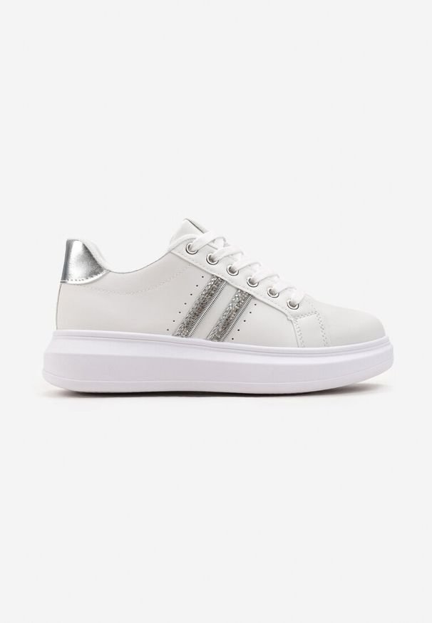 Born2be - Biało-Srebrne Sneakersy na Grubej Podeszwie z Błyszczącymi Detalami z Cyrkoniami Elysiena. Kolor: biały. Materiał: materiał. Wzór: aplikacja