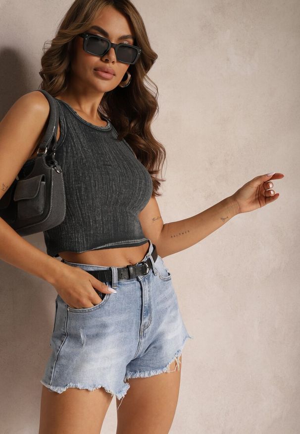Renee - Ciemnoszary Casualowy Top z Bawełny Wykończony Przetarciami Tiamanila. Okazja: na co dzień. Kolor: szary. Materiał: bawełna. Styl: casual
