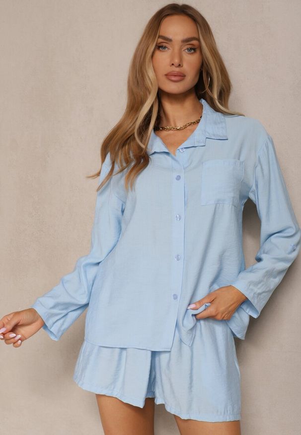 Renee - Jasnoniebieski Wiskozowy Komplet Koszula i Szorty Luźne Efrone. Kolor: niebieski. Materiał: wiskoza