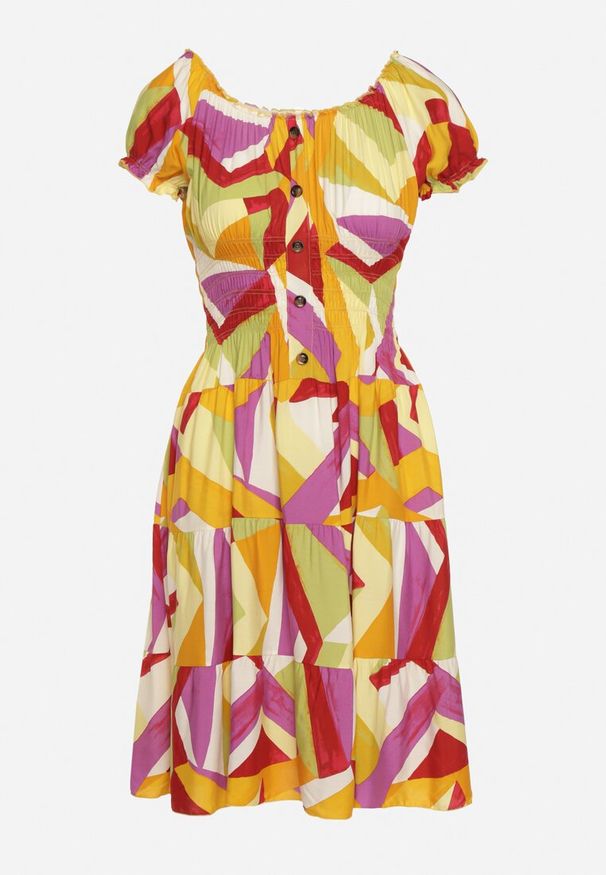 Born2be - Żółto-Fioletowa Rozkloszowana Wiskozowa Sukienka z Ozdobnymi Guzikami i Gumką w Talii Moonweia. Okazja: do pracy, na spacer, na co dzień. Kolor: żółty. Materiał: wiskoza. Typ sukienki: proste. Styl: casual