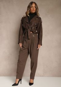 Renee - Brązowe Spodnie High Waist z Bawełny o Szerokim Kroju Nalitia. Okazja: na co dzień. Stan: podwyższony. Kolor: brązowy. Materiał: bawełna. Styl: casual #4