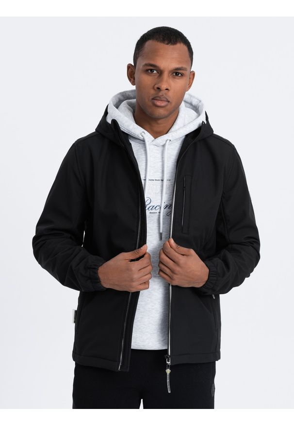 Ombre Clothing - Męska kurtka SOFTSHELL z polarowym środkiem - czarny V2 - Rozmiar: L. Kolor: czarny. Materiał: polar, softshell